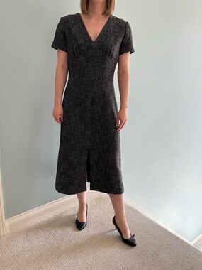 Massimo Dutti Charcoal V-Neck Tweed Midi Dress
